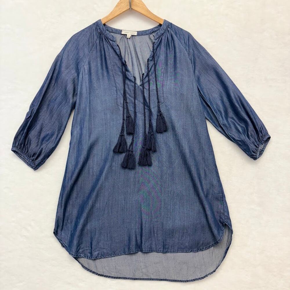 Honey Punch Chambray Denim Boho Tassel Peasant Blouse Tunic Mini Dress Size S